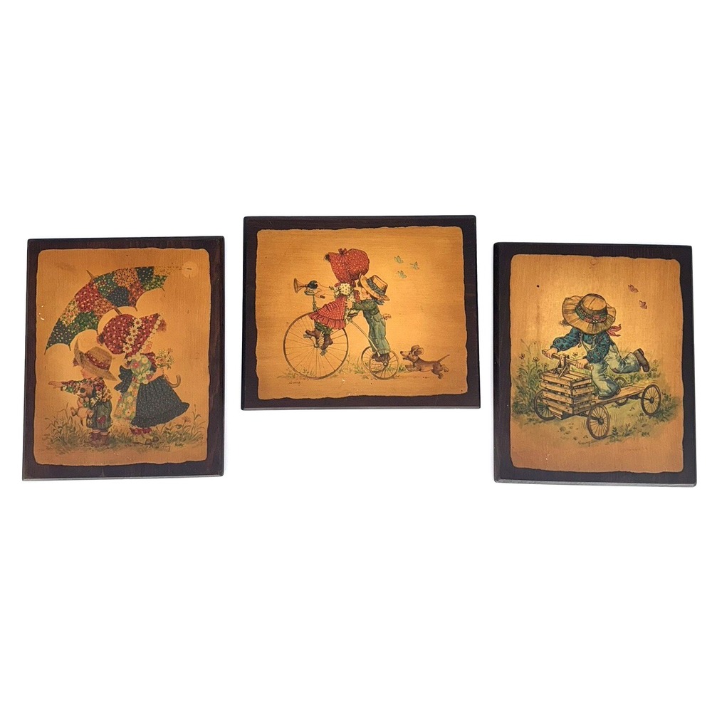 Vintage Children Wall Art Plaques Set of 3 Nostalgic Storybook Style Decor
